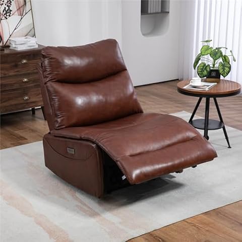 Wide Genuine Leather Lounge Chair, Overstuffed Power Recliner Chair with USB and Type-C Charging Ports, Armless Leather Recliner Chair for Living Room, Apartment, Office (Brown) Cover