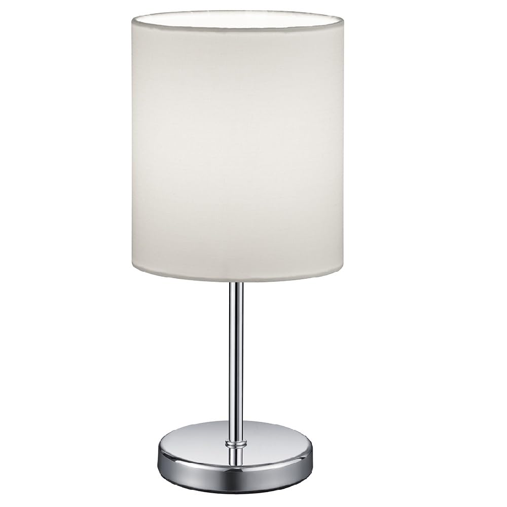 Britalia Polished Chrome Slimline Metal Stem Table Desk Lamp with White Fabric Cylinder Drum Shade | 28cm Height | 1 x SES E14 Lamp Bulb Required | UK Approved | Sleek & Simplistic Design