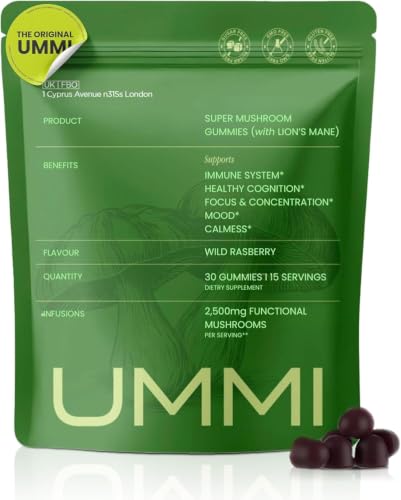 UMMI 12-in-1 Super Mushroom Gummies with Lions Mane Reishi Cordyceps - 2500mg Functional Mushrooms Complex for Immunity Focus Mood & Energy - Vegan Supplements Raspberry Flavour (30 Gummies)