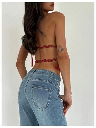 MakeMeChic Women\'s Open Back Halter Top Sleeveless Tie Backless Y2K Crop Going Out Tops Red Medium - Thumbnail 2
