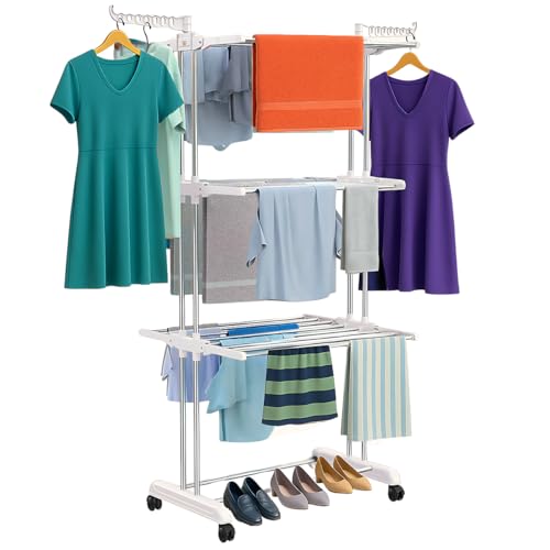 Image of H Houseware Foldable Clothes Drying Stand | 3-Tier Stainless Steel Heavy-Duty Clothes Dryer with Wheels & Hanger Slots | Rust-Proof for Indoor & Outdoor Balcony Use (121.9 x 68.6 x 167.6 cm)