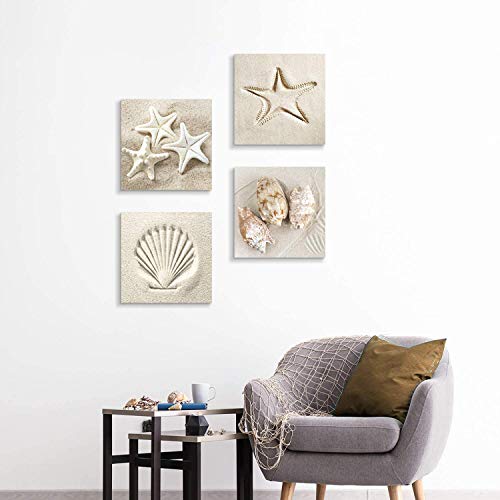 Coastal Serene Canvas Wall Art: Shells On Beach Sand Giclee Print Painting For Wall Decor For Spa Room (12''X12''X4Pcs) #TOP2