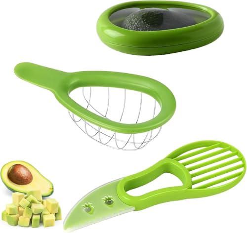 Freshmagis Set 3 pièces : Coupeur d'avocat polyvalent + éplucheur, dénoyauteur, contenant conservation - Gadgets cuisine pour couper, dénoyauter fruits/légumes