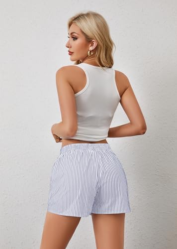 Image of Ythomm Womens Lounge Shorts Y2k Striped Print Elastic Waist Pajama Shorts Cute Boxers Bottoms With Pockets Comfy Sleepwear, X-Large, White-blue
