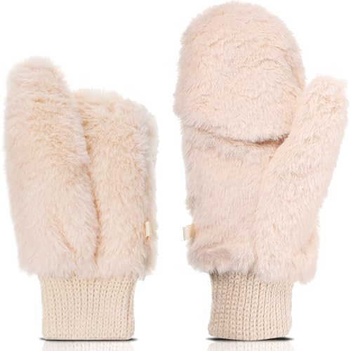 SATINIOR Faux Fur Mittens Fingerless Gloves Convertible Gloves Fluffy Winter Warm Soft Half Finger Fuzzy for Women(Bright Beige,1 Pair)