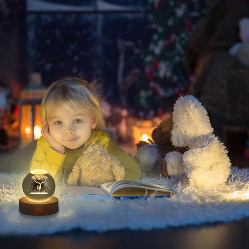 Image of 3D Deer Crystal Ball LED Night Lamp, Engraved Animal Design with Wooden Base, Warm White Table Light for Bedroom, Living Room, Gift (Deer)