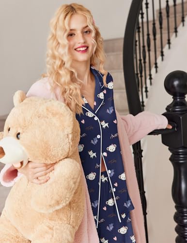 Image of Ekouaer Button Up Pajamas Set for Women Short Sleeve Ribbed Knit Sleepwear 2 Piece Pjs Shorts Set