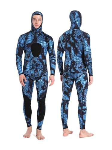3mm Neoprene Spearfishing Wetsuit with Hooded, 2-Pieces Long Sleeve Camouflage Hunting Diving Suit with Chest Pad for Cool Water Snorkeling Freediving (Blue, Medium)
