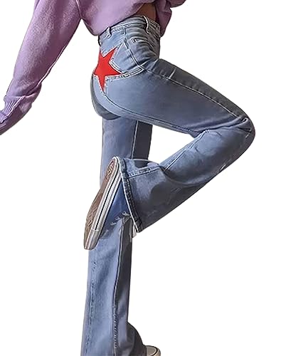 Women's Tight Fit Star Graphics Jeans Butt Liftting Denim Pants Mid Waist Stretchy Trousers