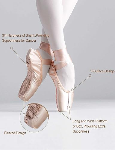 Daydance Pink Girls Pointe Shoes Kids Ribbon Ballet Shoes with Toe Pads, 2 Big Kids
