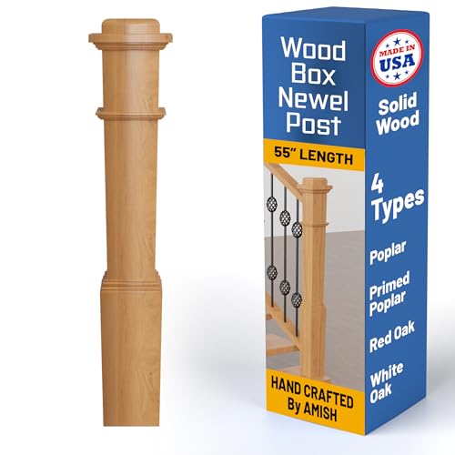 Hickory Hollow White Oak Box Newel Post 6.25 x 54.8 Hollow Box Newel Wood Balusters for Staircase Interior Square Design  Thick Hardwood Construction (Not Veneered) Made in USA.