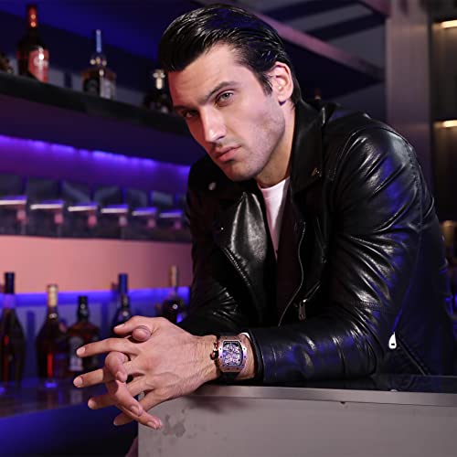 Tsar Bomba Men's Automatic Watch Tonneau Luxury Skeleton Watches For Men Mechanical 50M Waterproof Analogue Watches Mens Unique Cool Silver Square Big Face Dial Wristwatch With Silicone Strap Band #TOP6