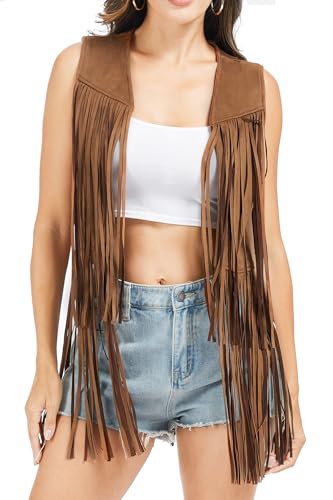 Fahsyee Fringe Vest Women Western Tops Faux Suede Tassel Cowgirl Outfits 70s Hippie Brown M