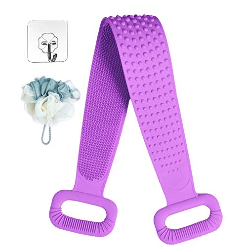 Silicone Body Scrubber with Loofah, Silicone Back Scrubber for Shower, Long Shower Back Scrubber, Silicone Body Brush for Exfoliating, Great for Men and Women (Purple)