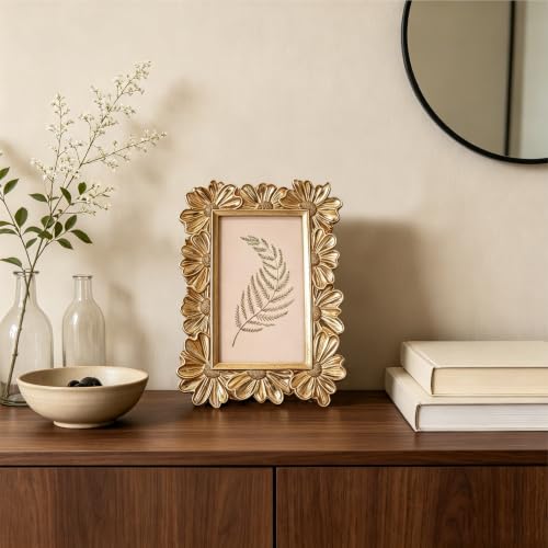 Image of Antique Floral Picture Frame - Resin & Glass Victorian-Style Frame for Tabletop or Wall Decor (Gold, 5 inch x 7 inch)
