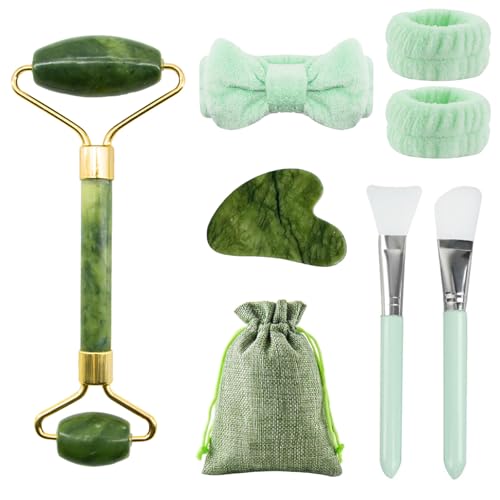 Yuaerbuo 8 Stück Gua Sha Stein and Face Jade Roller Set, Gesichtsmassage Stein Set Natürlicher Jade Roller Gesicht Hochwertig Face Rollers Massage Sets für Augenschwellungen Routine skincare (Grün)
