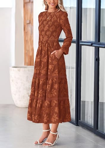 PRETTYGARDEN Long Sleeve Dress for Women 2025 Fall Elegant Modest Floral Boho Smocked Flowy Wedding Guest Midi Dresses4