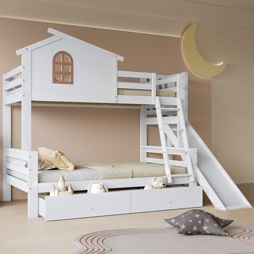 Laxnb Cama Infantile Litera 90x200 & 120x200 cm con 2 Cajones de Almacenaje, Cama Alta con Tobogán y Escalera, Cama Litera Matrimonio Camas Juvenil, Estructura Camas Niño de Madera, Sin Colchón,Blanco