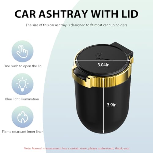Image of Car Ashtray with Lid, Detachable Smokeless Auto Cup Holder Ashtray with LED Blue Light, Stainless Steel Ash Tray Portable Mini Vehicle Trash Can for Car Home Outdoor (Golden)