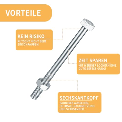 M10 Sechskantschrauben mit Muttern, M10 x 160 mm Sechskantschrauben mit Schaft, verzinkt Maschinenschrauben Teilgewindeschrauben für Metallbauarbeiten Auto