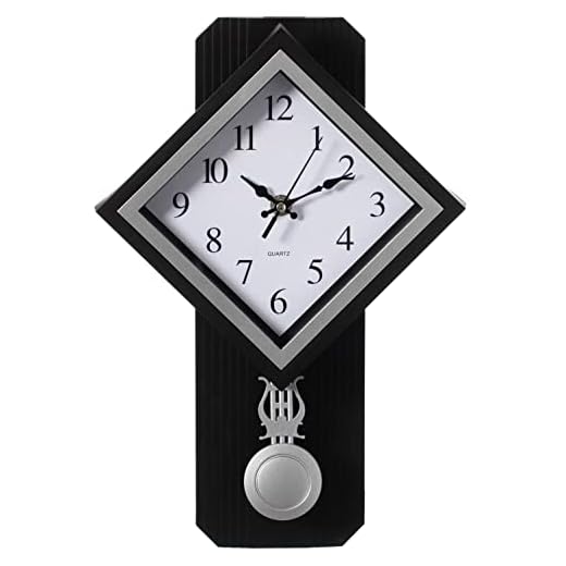 Traditional Black Square Wood- Looking Pendulum Plastic Wall Clock for Living Room, Kitchen, or Dining Room
