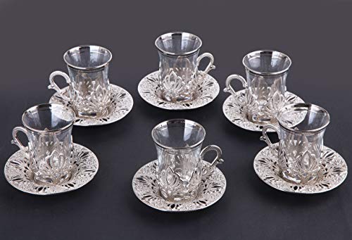 Lamodahome Turkish Tea Set/Turkish Tea Cups Of 6 With Silver Holders And Saucers - Fancy Vintage Handmade Glass Tea Set, Glass Tea Cup, Gift, Teatime/Gift Set #TOP6