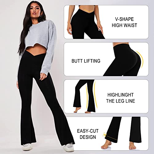 Yogahose Damen Flared Leggings Schlaghose Cross Waist Bootcut Hosen Damen Blickdicht Ohne Baumwolle Kurzgröße Sweatpants Freizeithose Sweatpants Sportkleidung Frauen(Schwarz,30″,M)