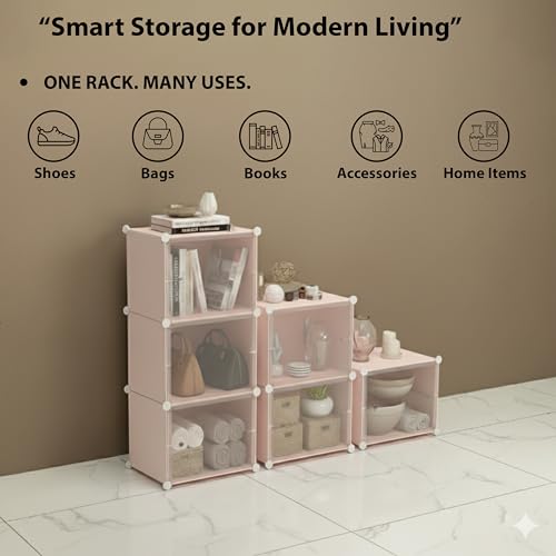 Image of ALOXE DIY Foldable Shoe Rack | 4 Layer Plastic Shoes Rack with Door Cover | Multipurpose Stand for Home & Entryway (Pink)