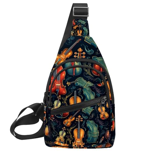 Mochila cruzada para correr y viajar con diseño de instrumentos musicales