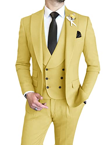 Wangyue Men's Suits 3 Piece Slim Fit Suit Double Breasted Suit Men Prom Wedding Party Tuxedo Blazer Vest Pant Set