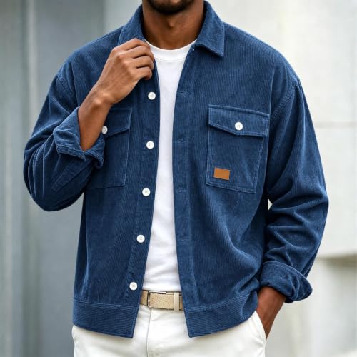 Corduroy Jacket Men Long Sleeve Button Down Chest Pockets Casual Shacket - image 3