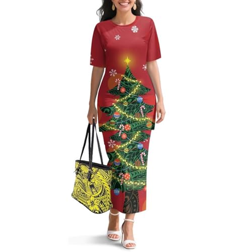 Image of Polynesian Dress for Women Short Sleeve High Waist Maxi Skirt | Puletasi dress, t-shirt and skirt two-piece, elastic material, lightweight, soft, plus size, luau party, wedding, clubwear