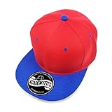 AcademyFits 6 Panel High Crown Acrylic Flat Visor Brim Snapback Men Women Unisex Design Plain Blank Solid Hat 2 Tone Cap (Red/Royal)