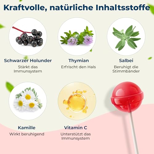 Musana Vitamin C Halsbonbon als Lutscher für Kinder – Zuckerfrei, Vegan, Glutenfrei | Mit Salbei & Kamille | Für Hals & Rachen | Ab 3 Jahren