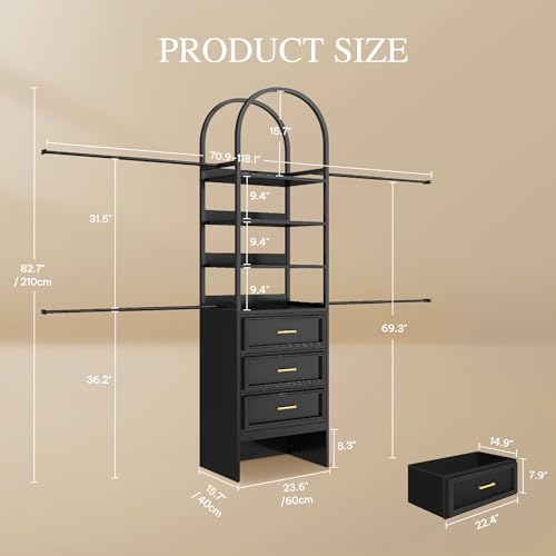 DWVO Closet Organizer System with Drawers, Heavy-Duty Arched Closet System with 4 Expandable Hanger Rods, 4 Shelves and 3 Drawers, Adjustable Walk-In Garment Rack for Bedroom Cloakroom