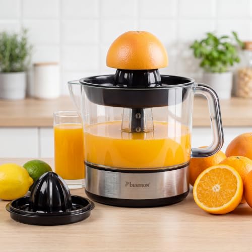 Miniatura 5 de Bestron Exprimidor Eléctrico De Cítricos Y Naranjas, Incl. 2 Conos Exprimidores Y Tapa Aromática, Motor Con Dos Sentidos De Giro Izquierda Derecha , Capacidad: 0,7 Litros, 40 Vatios, Color: Plata