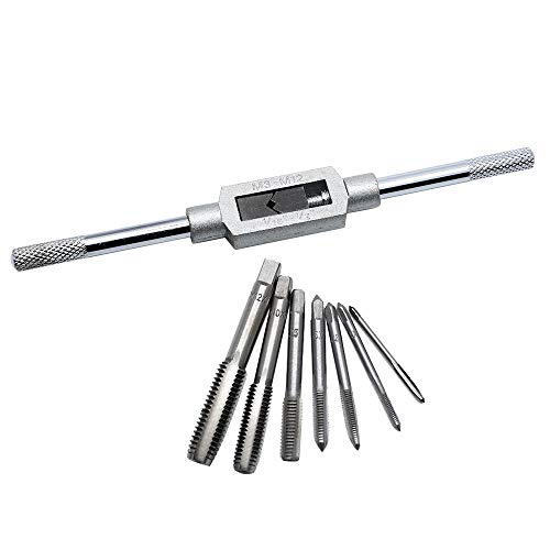 PHITUODA 8pcs Metric Thread Machine Tap Wrench Set Hand Screw Thread Plug Taps M3-M12 with Adjustable Tap Wrench 1/16
