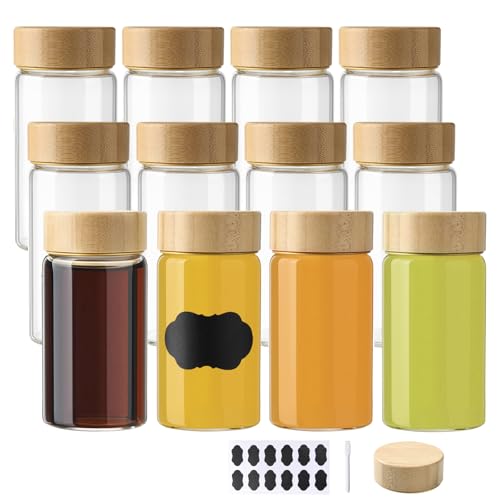 BPFY 12 Pack 4oz Glass Shot Bottles with Caps, 120ml Borosilicate Glass Juice Shot Bottles, Dishwasher & Freezer Safe, Reusable Wellness Ginger Shot Glass Jars with Lids for Juicing