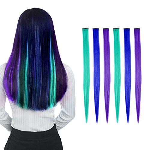 Gemily Colored Clip in Hair Extensions 24 inch Straight Long Highlight Hairpieces Cospaly Party Christmas Wigs Pieces for Women and Girls 6 pcs(green, blue and purple)