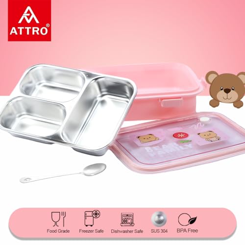 Image of Attro Bento 3 Deluxe Lunch Box with Inner Stainless Steel & Secure Lock Cute Eye Catchy Design Food Grade, Leakproof, Vacuum Seal Design Use for School Kids & Outdoor- 750ml Soft Pink