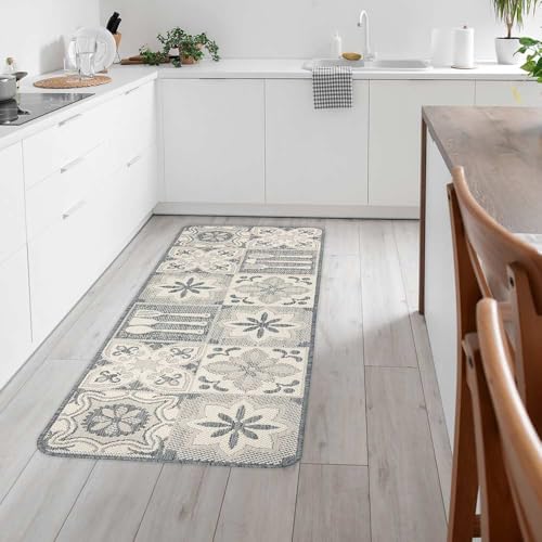 Knutzen Wohnen Küchenläufer 60x180 cm Kacheln Grau - Küchenteppich - rutschfest und waschbar - Fußwärmende Designmatte - Sisaloptik - Stilvoller Läufer für Küche, Flur und Wohnraum