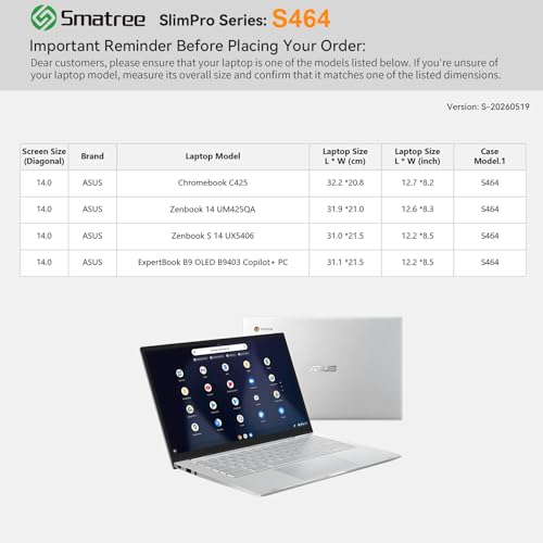 Image of Smatree SlimPro Laptop Case for 14 inch ASUS Chromebook C425 | Compatible for Zenbook 14 UM425QA /S 14 UX5406, for ExpertBook B9 OLED B9403 Copilot+ PC, Case with Accessory Pocket (S464)