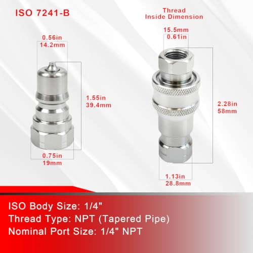 Image of 2Sets 1 /4'' NPT ISO 7241-B Hydraulic Quick Connect Couplers with Dust Caps | 1 /4 inch Ag Poppet Pioneer Style, Hydraulic Quick Coupler for QuickJack, 1 /4 inch NPT Thread + 1 /4 inch ISO 7241-B Body