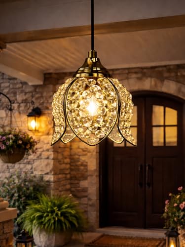 Image of Lotus Crystal Pendant Light Modern Ceiling Fixture, Stylish Home Decor, Warm White, Living Room, Bedroom, Contemporary Design, Decorative Crystal Chandelier (Gold)