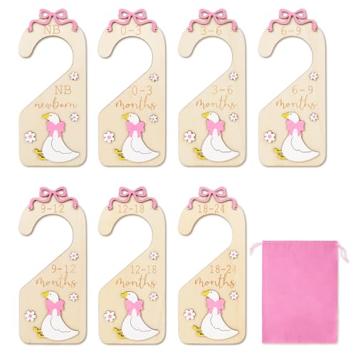 Image of FYSUIMU 7 Pcs Goose Wood Baby Closet Size Dividers with Storage Bag Pink Bow Goose Hanging Closet Organizer Newborn to 24 Month Infant Wardrobe Organizer for Home Nursery