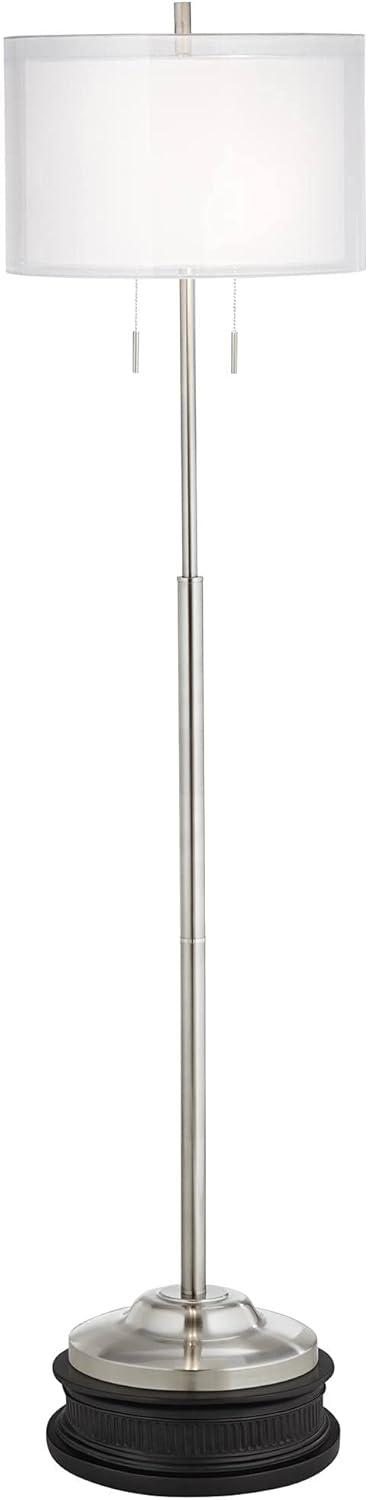Possini Euro Design Roxie Modern Industrial Floor Standing Lamp with Riser 69.75" Tall Brushed Nickel Metal Double Layer Linen and Sheer Drum Shade Decor for Living Room Reading House Bedroom Home