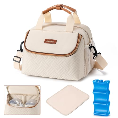 BABEYER Breastmilk Cooler Bag with Ice Pack Fits 6 Baby Bottles up to 9 Ounce, Wearable Breast Pumps Cooler Bag for Nursing Mom Daycare, Work, Travel- Cream