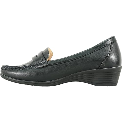 Image of KOZI Women Comfort Casual Wedge Shoe Slip-On Loafer ML Collection Round Toe Penny Loafer Removable Insole Black Champagne
