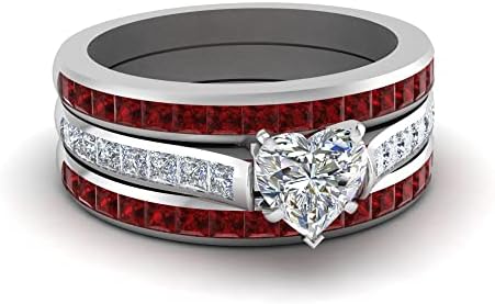 CustomizedGifts Colored Band with Channel Diamond Ring Sterling Silver Created Ruby Heart Shape Red Color Wedding Ring Sets Channel Setting in Size 12 Minimal Surprise Gifts for Ladies