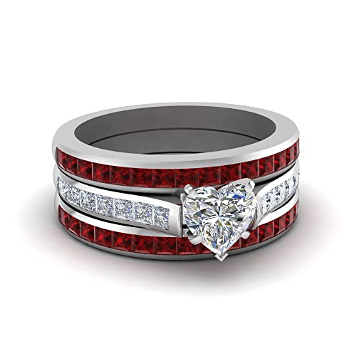 Customizedgifts Colored Band With Channel Diamond Ring Sterling Silver Created Ruby Heart Shape Red Color Wedding Ring Sets Channel Setting In Size 12 Minimal Surprise Gifts For Ladies #TOP24